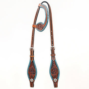 Bar H Equine Western Horse Genuine Leather Floral Design Buckstitch One Ear Headstall Brown